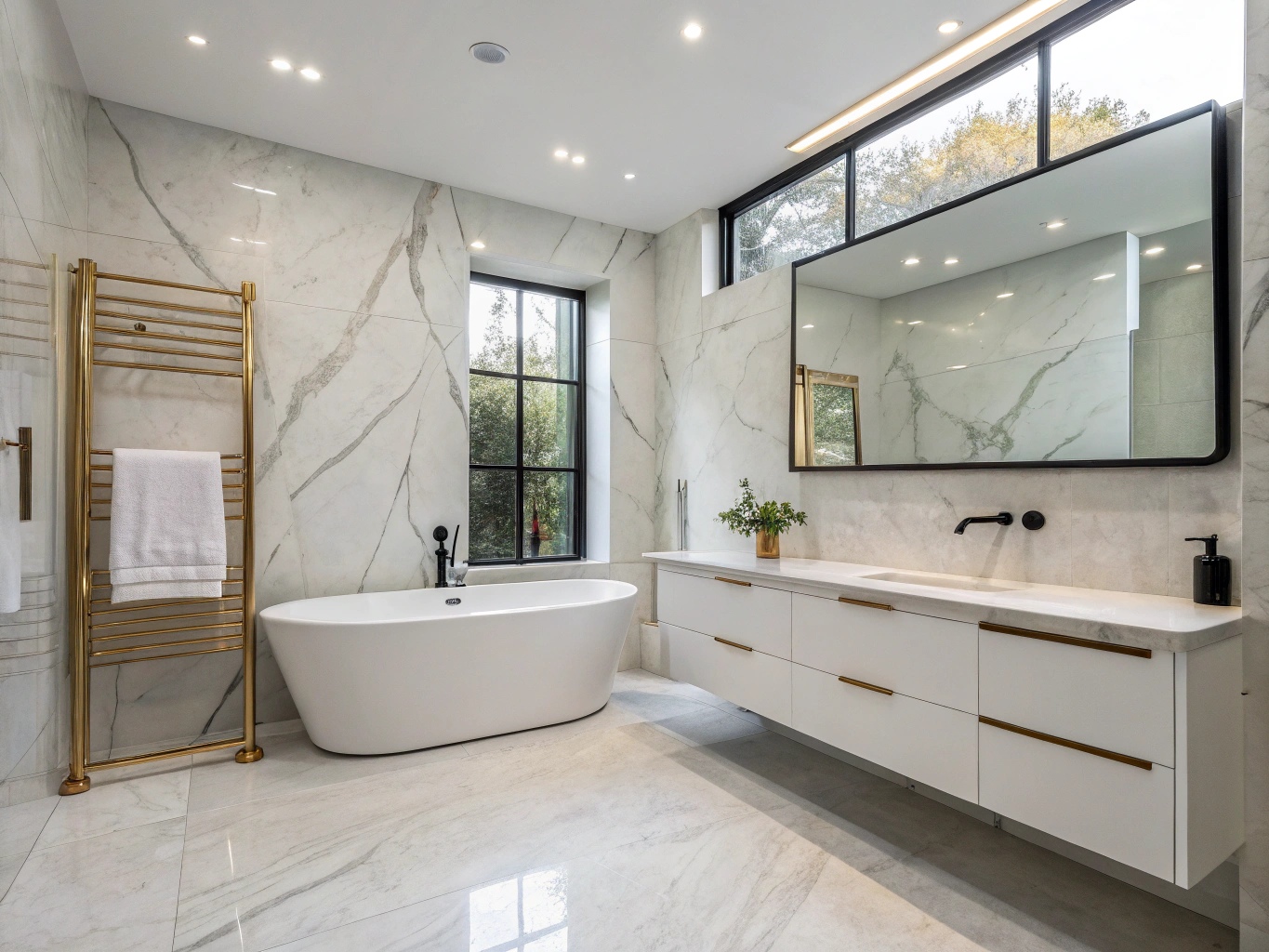 Premium Bathroom After Renovation - RM Building Dynamics Premium renovated bathroom showcasing floor-to-ceiling stone tiling, frameless glass shower screen, modern fixtures and luxury finishes